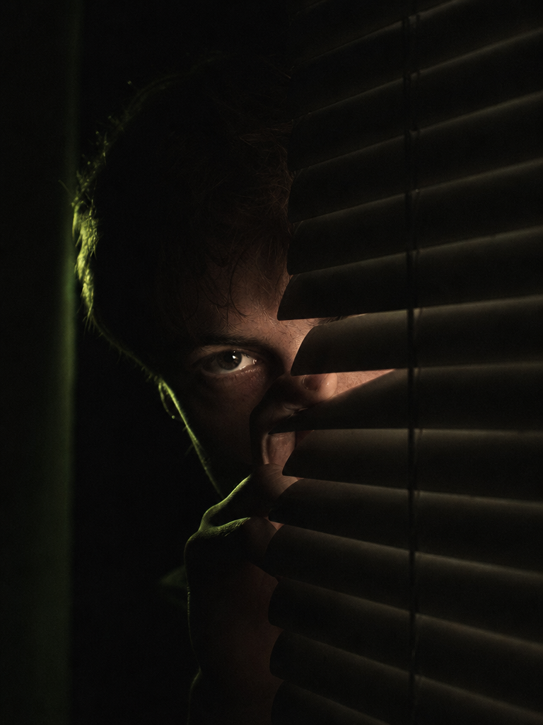 A suspect peeking through blinds